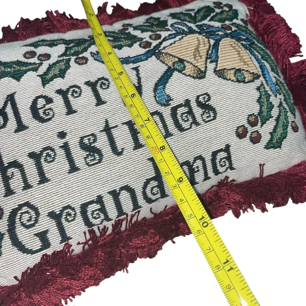 Merry Christmas Grandma Tapestry Pillow 13x10 Burgundy‎ Fringe Holiday Decor